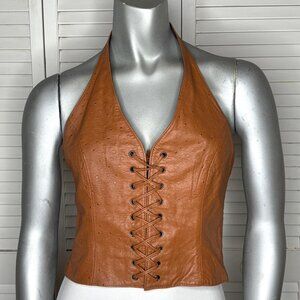 Vintage 2000s Wilson's Leather MAXIMA Brown Lace Up Halter Cropped Top Bustier S